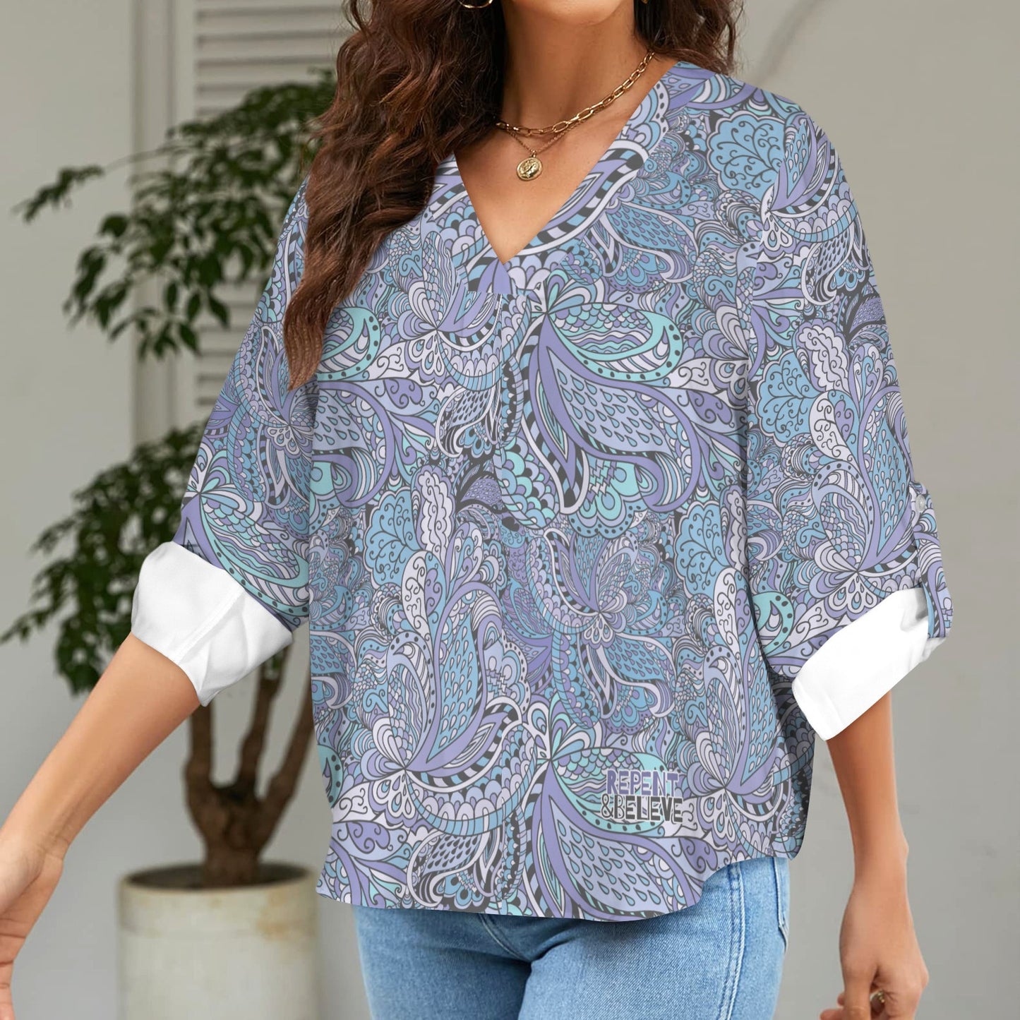 "Repent & Believe"  Purple Black Women's V-Neck Cuffed Sleeve Blouse Tops