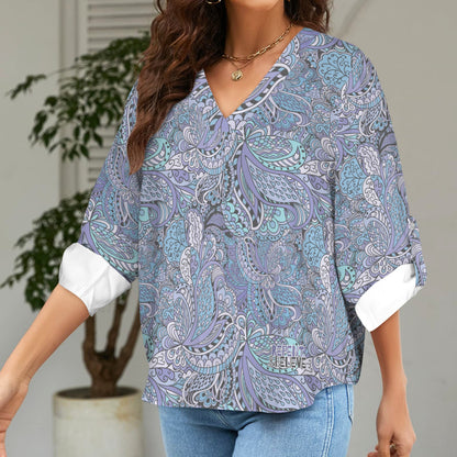 "Repent & Believe"  Purple Black Women's V-Neck Cuffed Sleeve Blouse Tops