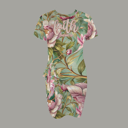 "Faith Ephesians 2:8" Pink & Green Floral Short Sleeve Wrap Bodycon Ruched Tie Waist Dress