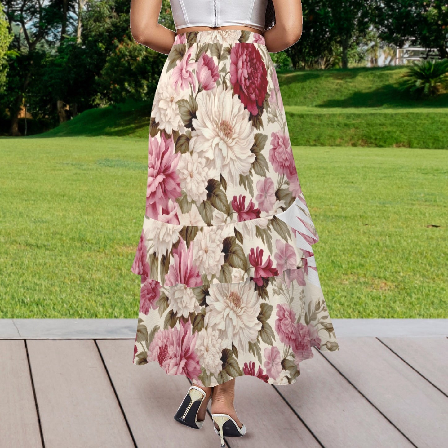 Pink Floral High Side Split Ruffle Hem Maxi Skirt