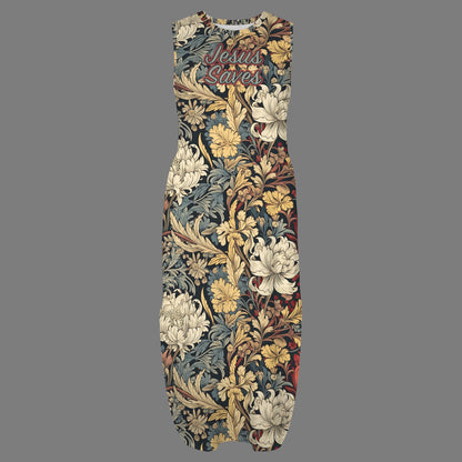 "Jesus Saves" Floral Round Neck Sundress Pocket Maxi Dress