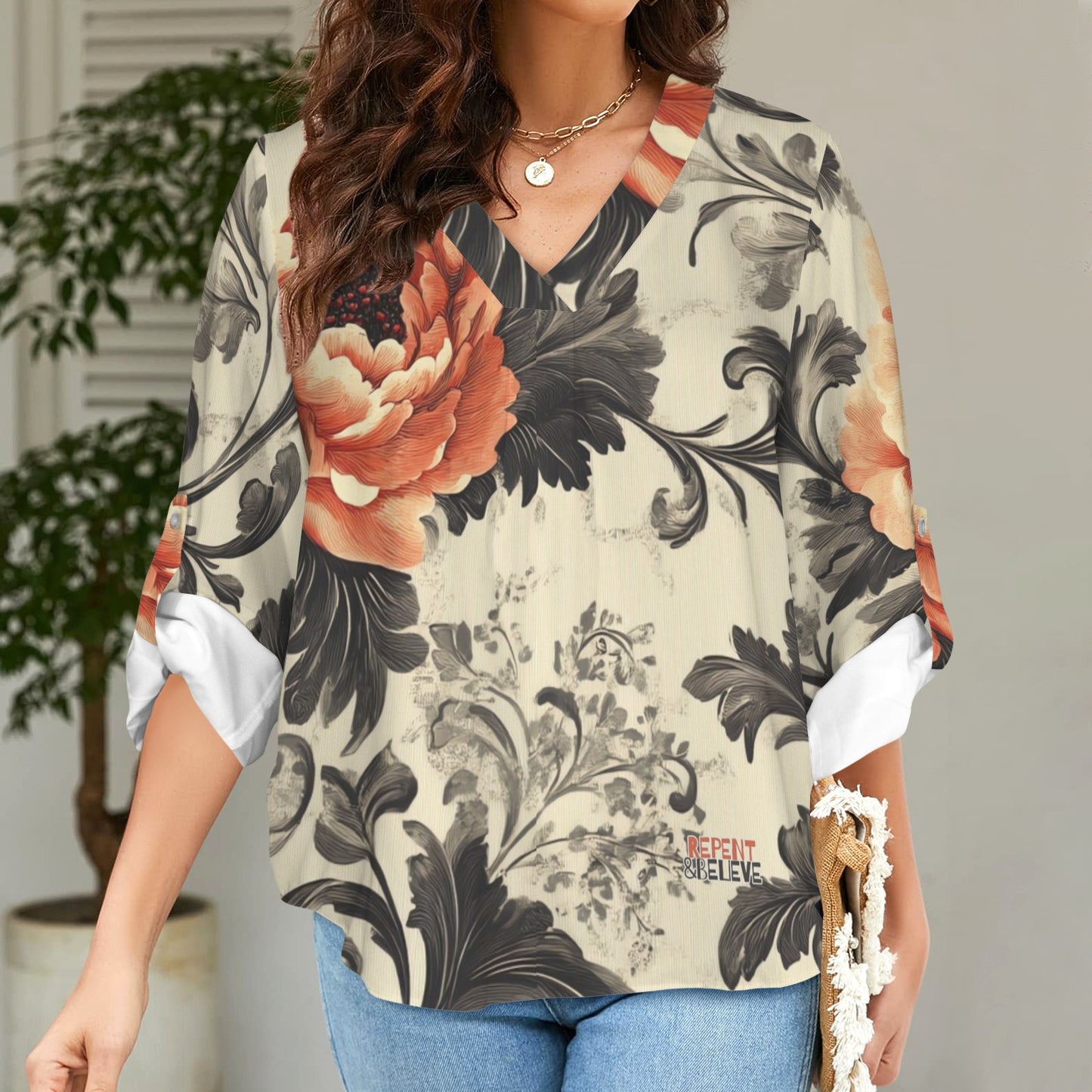 "Repent & Believe" Orange Gray Floral