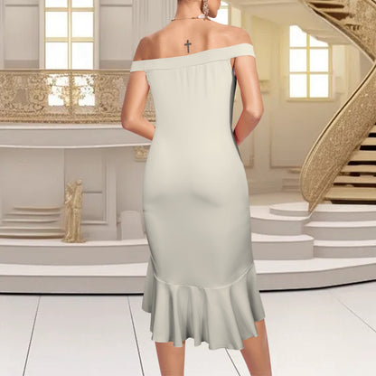 "Jesus" Text Antique White Shoulder Ruffle Hem Bodycon Party Dress