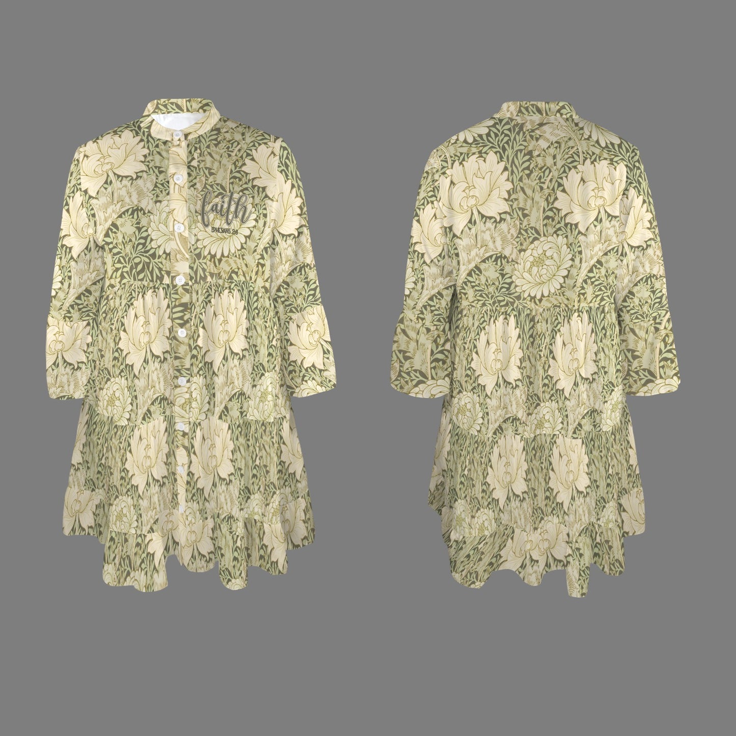 Hayes Fav "Faith Ephesians 2 8" Green Leaf Floral Women's Flared Sleeve Button Tiered Shirt Dress