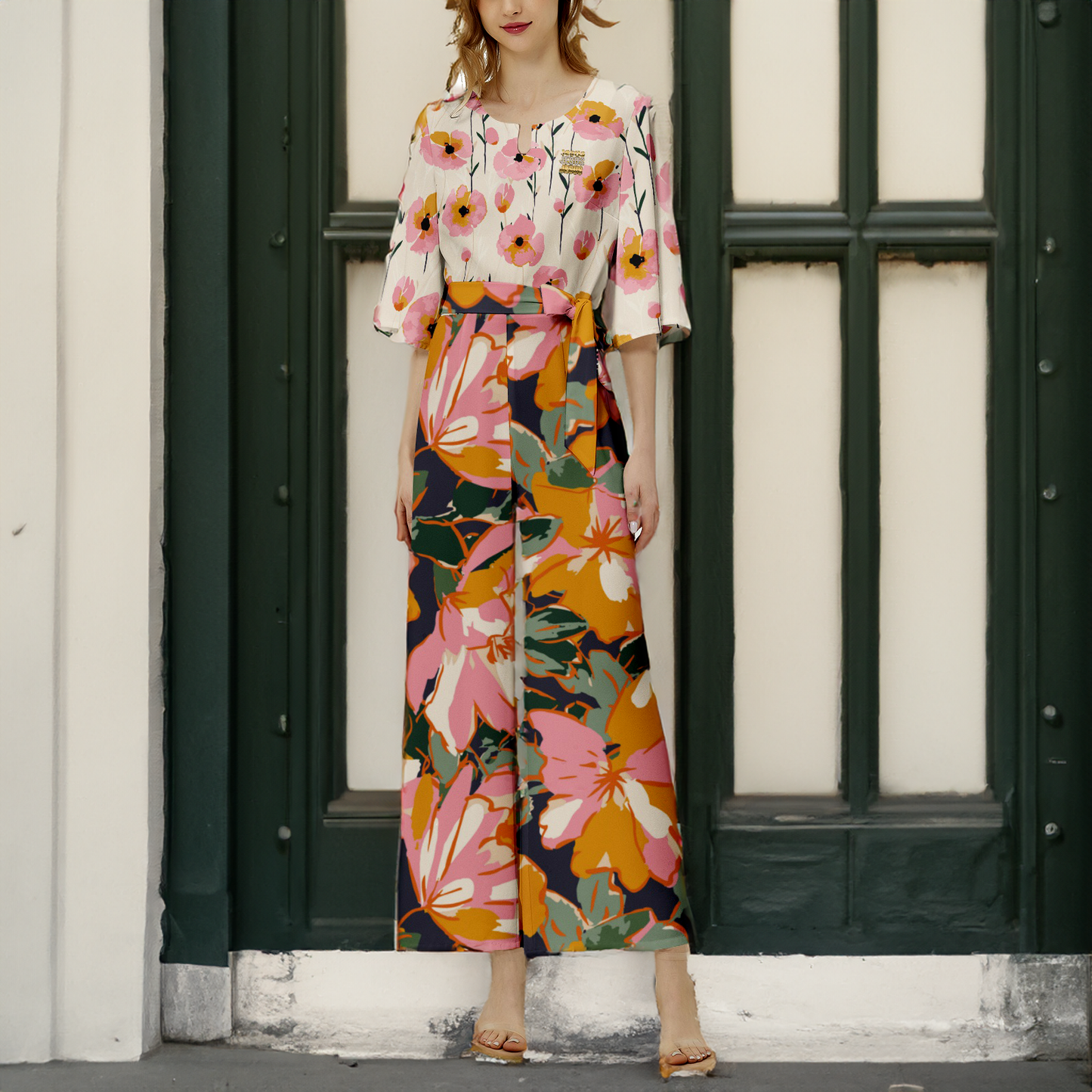 "Jesus" Floral Dolman Sleeve Belted Wide Leg Jumpsuit