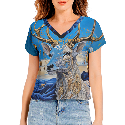 "I Love Jesus" Deer with Gold Jewels Batwing Sleeve V-Neck Top