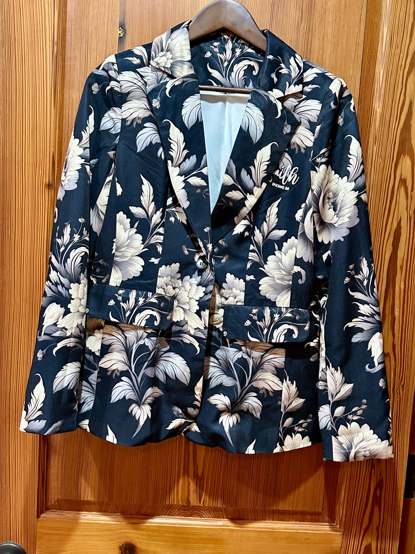 "Jesus Saves" Black & Ivory Floral Open Front Casual Long Sleeve Blazer 35%off new sales price $51.35
