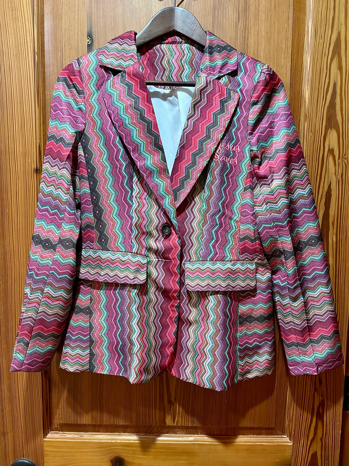 "Jesus Saves" Pink Green Zig Zag Open Front Casual Long Sleeve Blazer 35%off new sales price $51.35