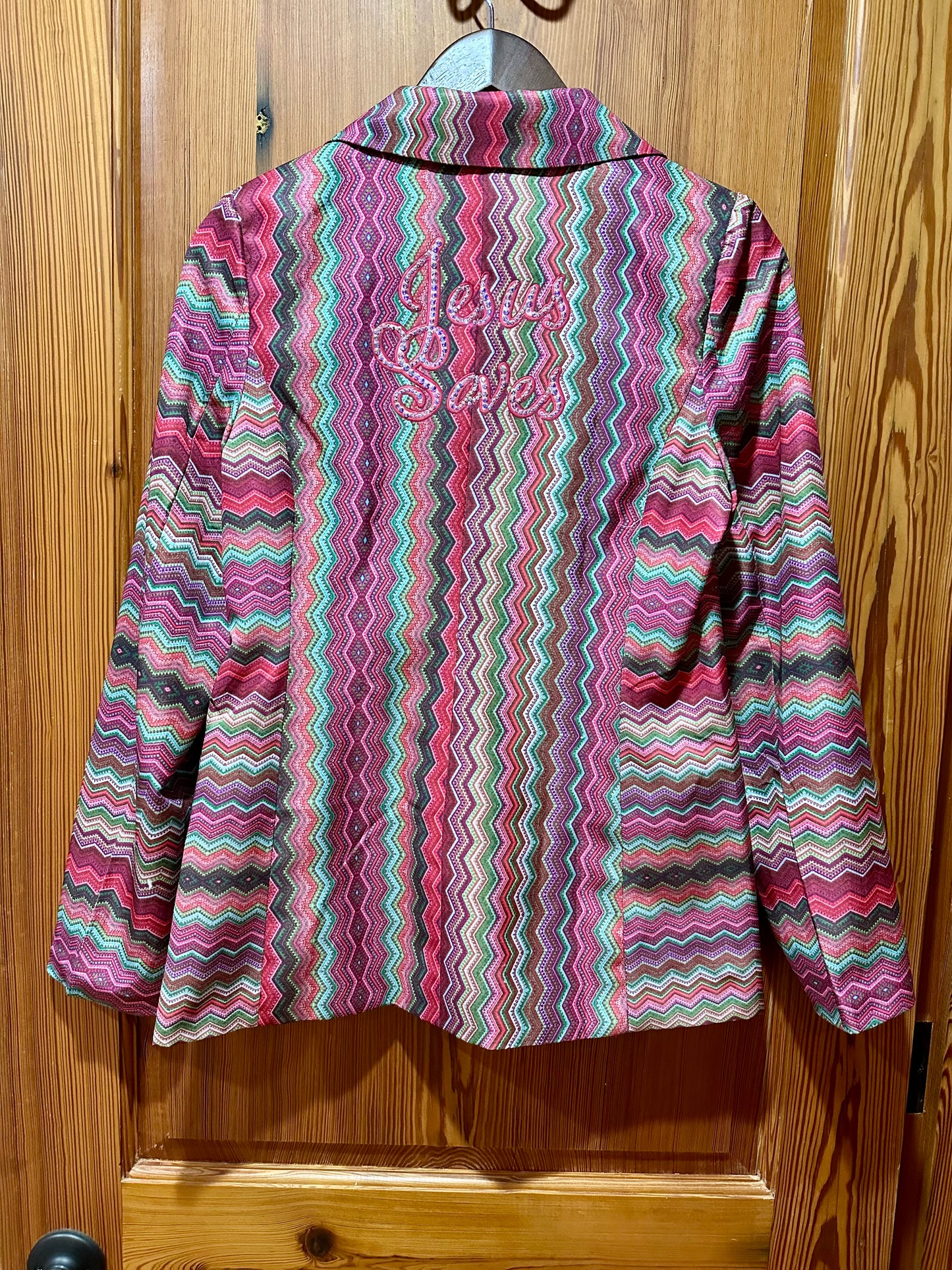 "Jesus Saves" Pink Green Zig Zag Open Front Casual Long Sleeve Blazer 35%off new sales price $51.35