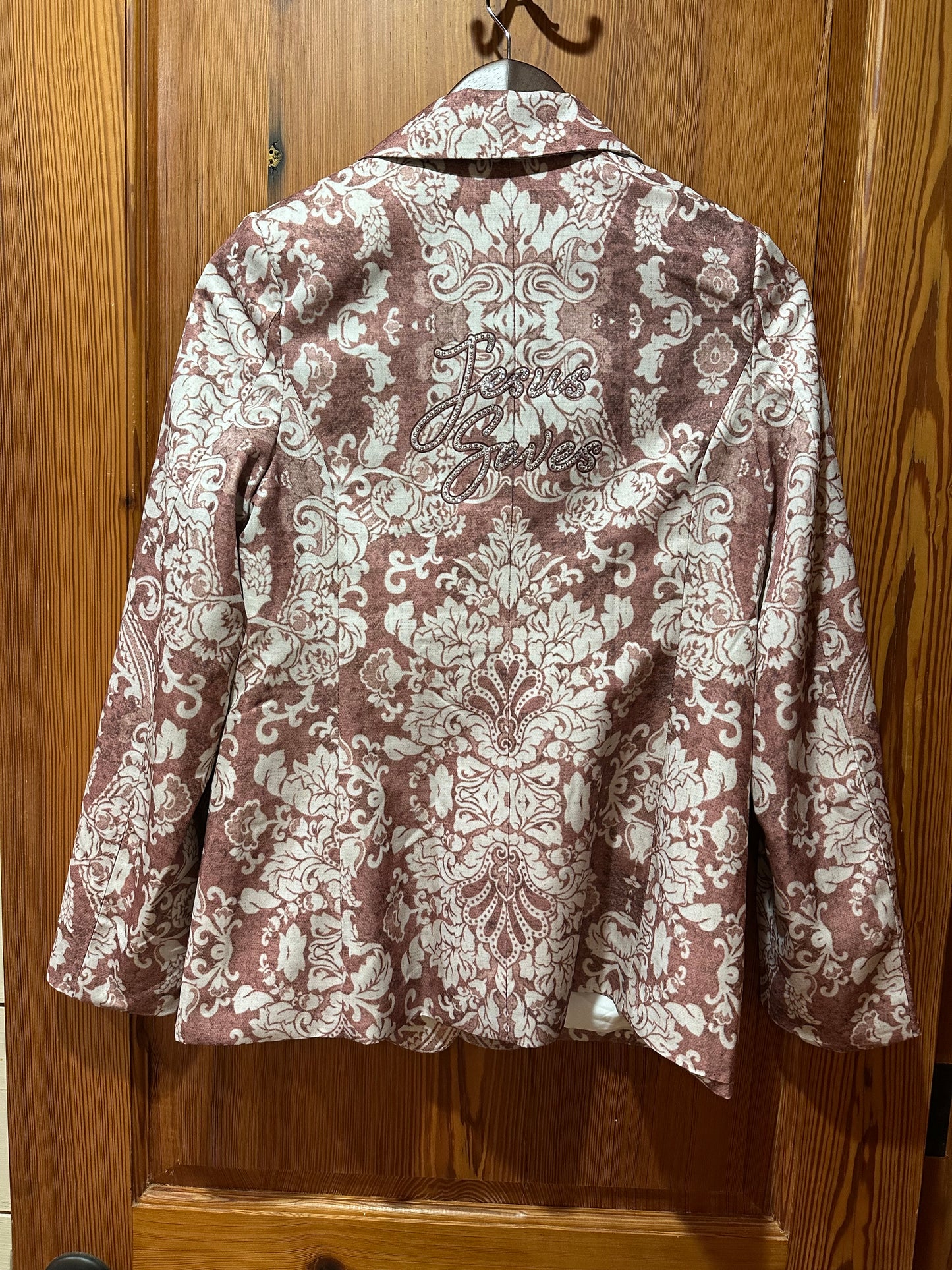 "Jesus Saves" Pinkish Brown Floral with Bling Open Front Casual Long Sleeve Blazer 35%off new sales price $51.35