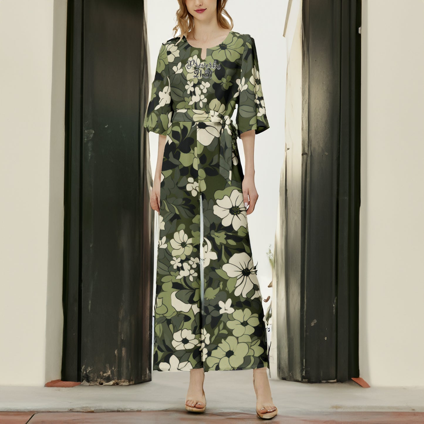 "Proverbs 21:31" Green Floral Dolman Sleeve Belted Wide Leg Jumpsuit