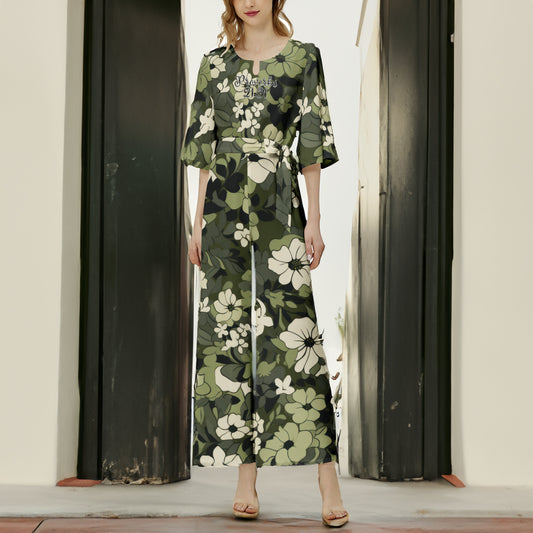 "Proverbs 21:31" Green Floral Dolman Sleeve Belted Wide Leg Jumpsuit