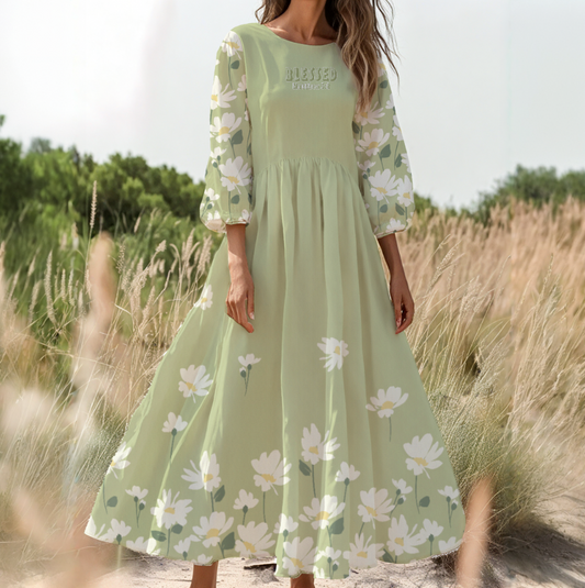 "Blessed Matthew 5:8" Women's White & Green Floral Long Sleeve Dress with High Waist & Puff Sleeves