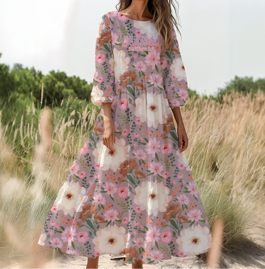 "Blessed Matthew 5:8" Women's White & Pink Floral Long Sleeve Dress with High Waist & Puff Sleeves