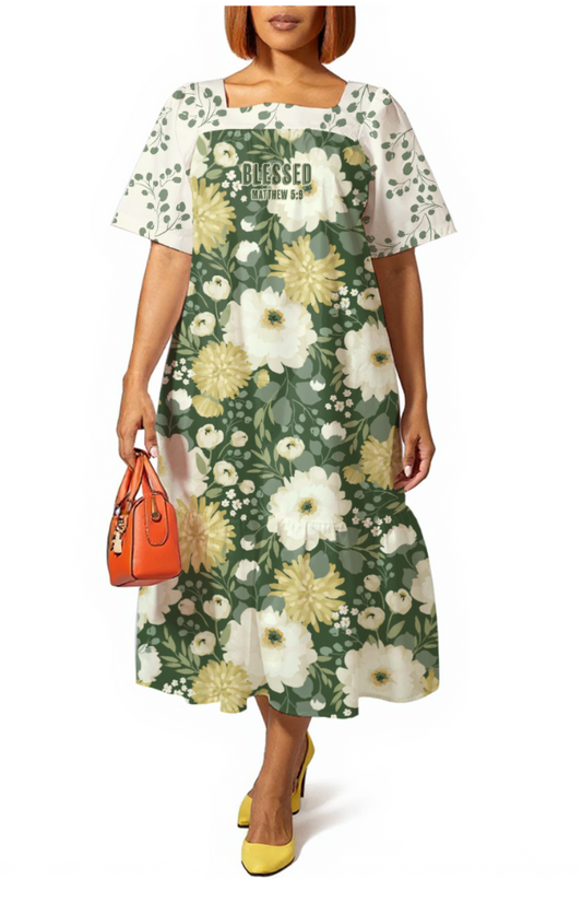 "Blessed Matthew 5:9" Women's Green & White Floral Print Long Dress with Puff Sleeves