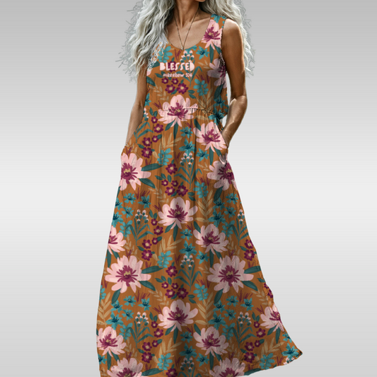 "Blessed Matthew 5:4" Pink Floral Sleeveless Maxi Dress for Women, Lightweight 140G Polyester Fabric, Tropical Leaf Print