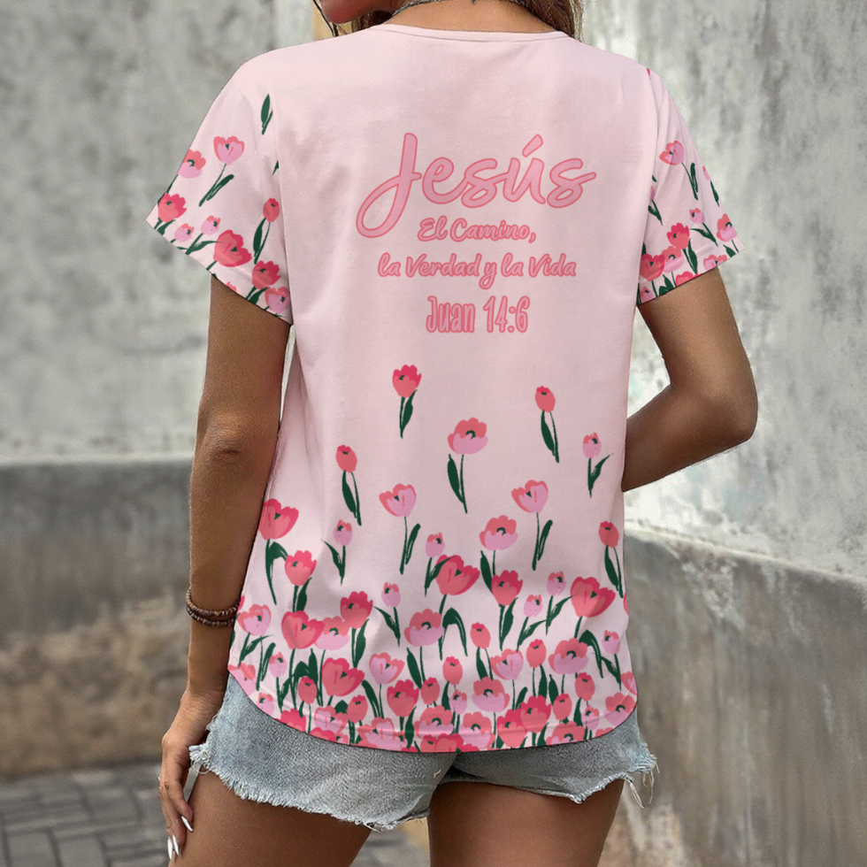 Camiseta de cuello en V para mujer con estampado de tulipán rosa "Juan 14:6" - Ropa informal de verano con estilo