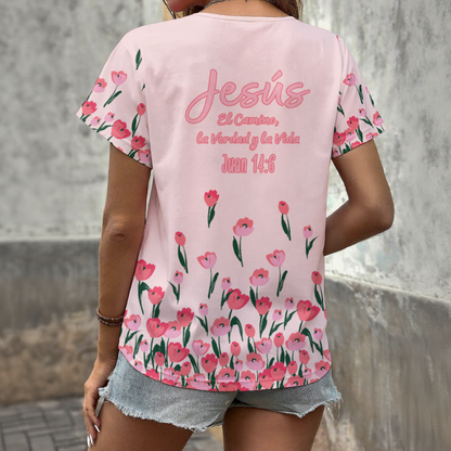 Camiseta de cuello en V para mujer con estampado de tulipán rosa "Juan 14:6" - Ropa informal de verano con estilo