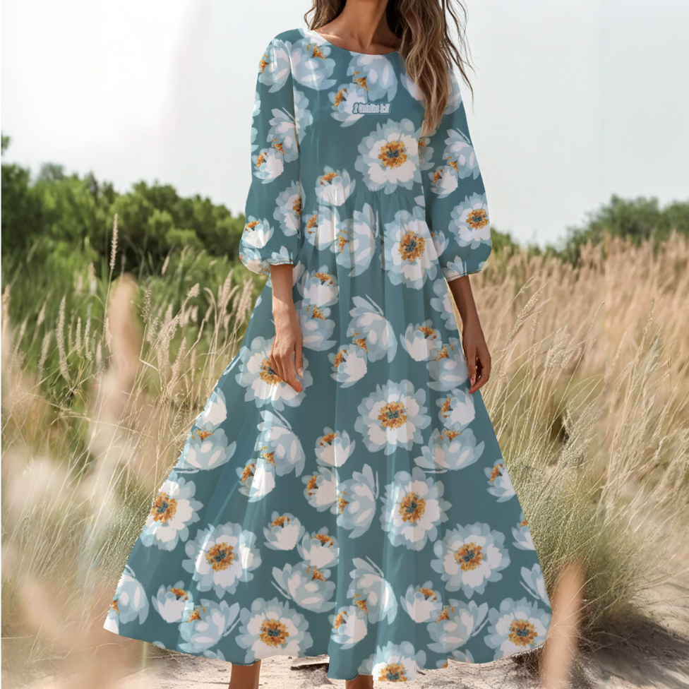 Vestido de manga larga para mujer con estampado floral azul y blanco "2 Corintios 3:17"