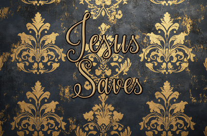 "Jesus saves" Faux Vintage Gold Damask Print Women's Leisure Blazer