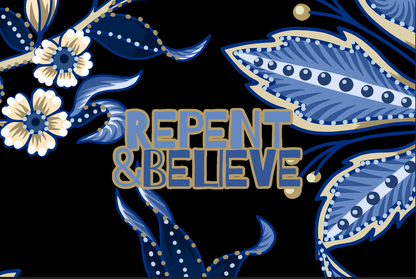 "Repent & Believe" Blue Floral Women's 3/4 Sleeve Button-Down Shirt - Lightweight Polyester Blend