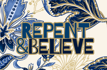 "Repent & Believe" Blue Floral Women's 3/4 Sleeve Button-Down Shirt - Lightweight Polyester Blend