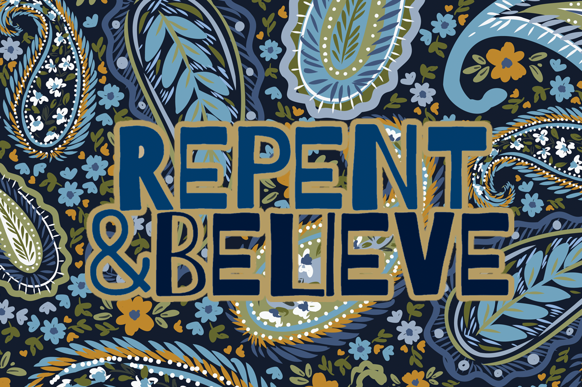 "Repent & Believe" Blue Floral Women's 3/4 Sleeve Button-Down Shirt - Lightweight Polyester Blend