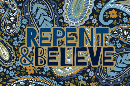 "Repent & Believe" Blue Floral Women's 3/4 Sleeve Button-Down Shirt - Lightweight Polyester Blend