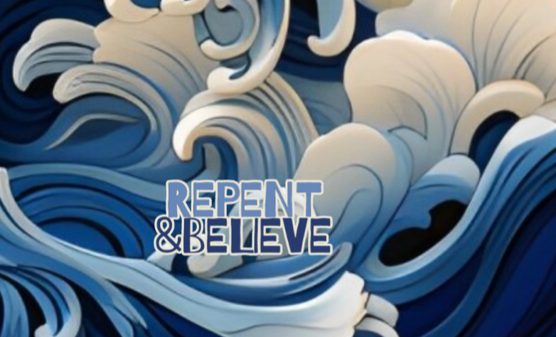 "Repent & Believe" Blue White Floral Women's V-Neck Button Short Sleeve Blouse Top