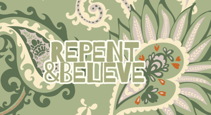 "Repent & Believe" Green Paisley Women's V-Neck Button Short Sleeve Blouse Tops