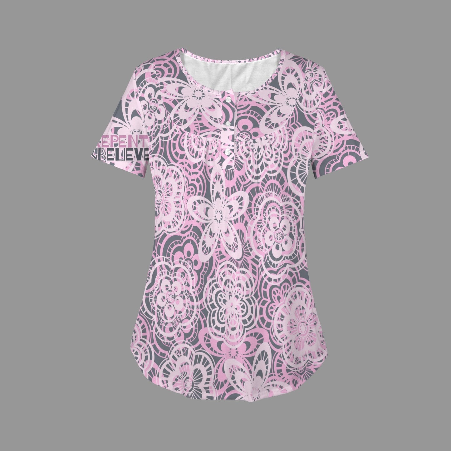 "Repent & Believe" Purple Women's Round Neck Pleated T-Shirts