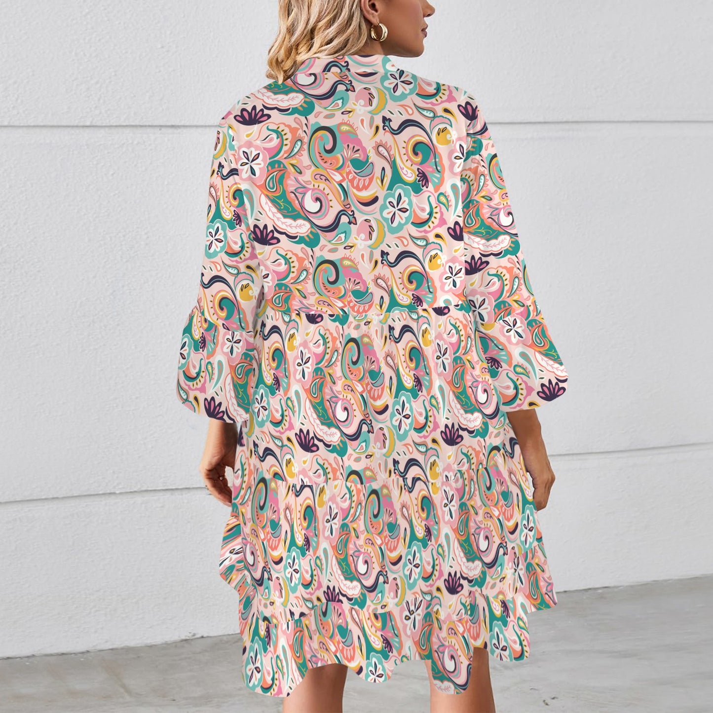 "Repent & believe" Pink Paisley Floral Women's Flared Sleeve Button Tiered Shirt Dress