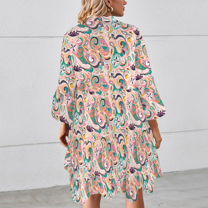"Repent & believe" Pink Paisley Floral Women's Flared Sleeve Button Tiered Shirt Dress