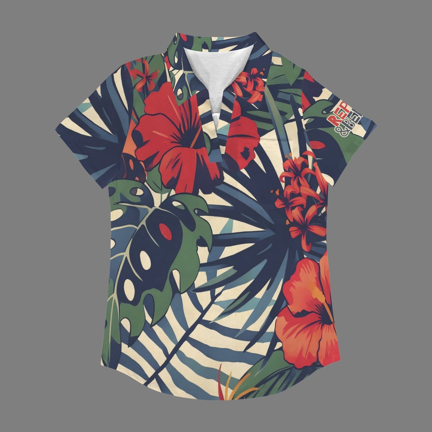 Red & Green Floral "Repent & Believe" Women's V Neck Pocket Polo Shirts
