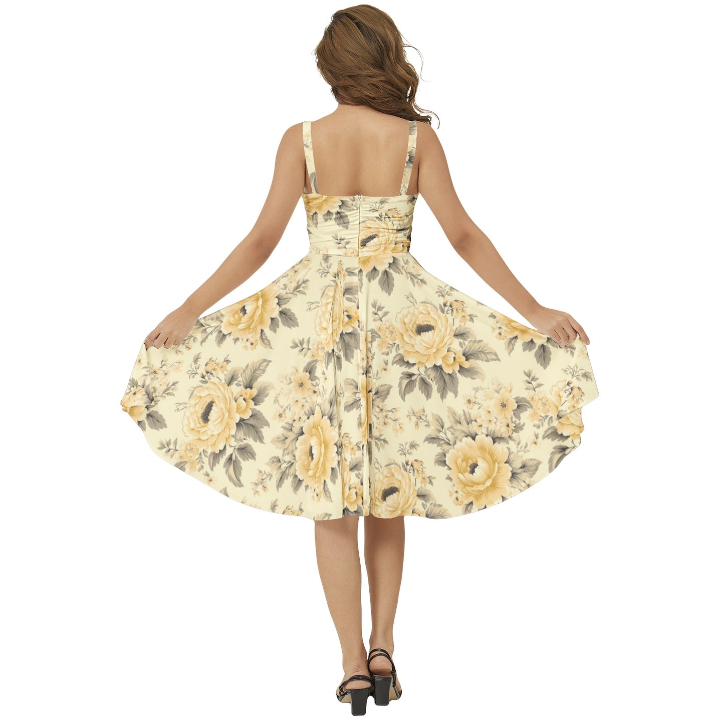 "Faith Ephesians 2:8" Yellow Floral Sleeveless Square Neck Flare Hem Midi Dress