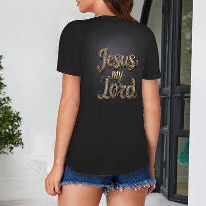 "Jesus my Lord" Black & Gold Women's Square Neck Short Sleeve T-Shirts