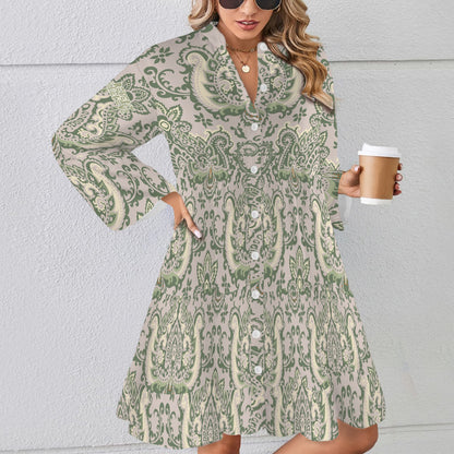 "Repent & Believe" Green Cream Damask Women's Flared Sleeve Button Tiered Shirt Dress