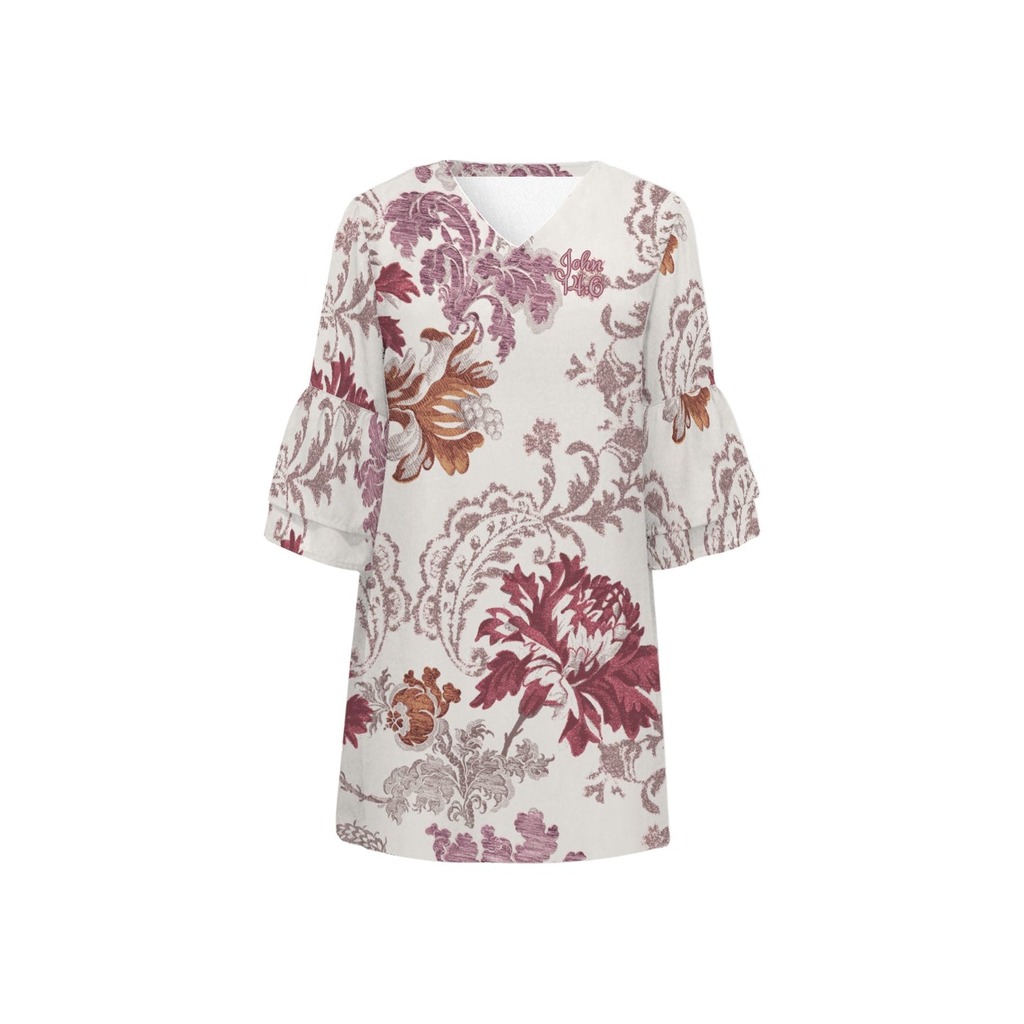 "John 14:6" Red & White Floral Women's Half Sleeves V-Neck Mini Dress