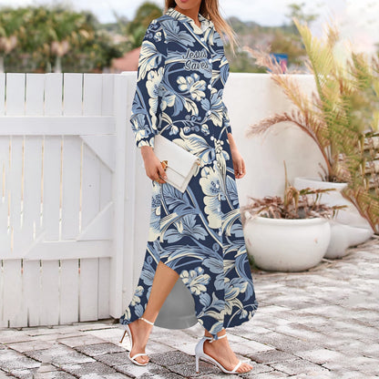 Jesus Saves Blue Floral Women's Button Long Sleeve Shirt Dress