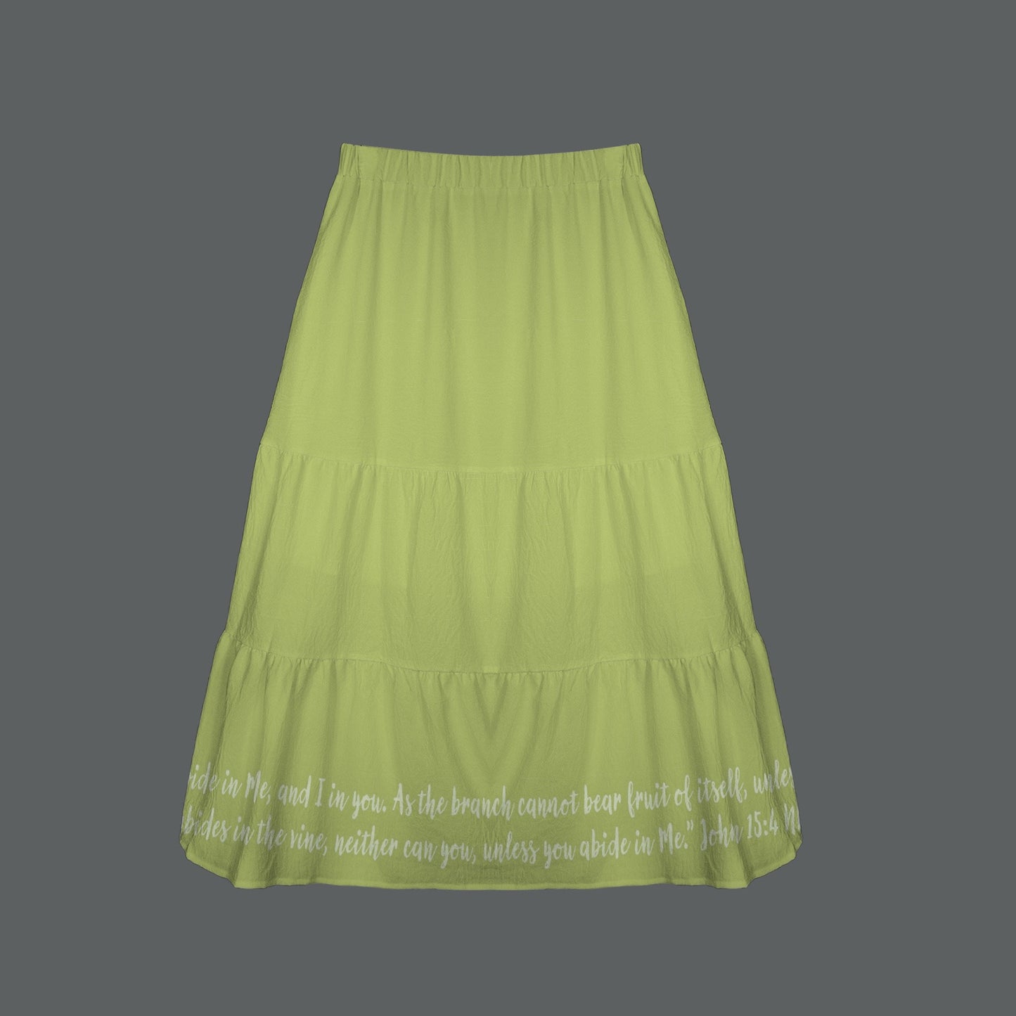 John 15:4 Green Hem Text Elastic Waist Tiered Ruffle Hem Pocket Maxi Skirt