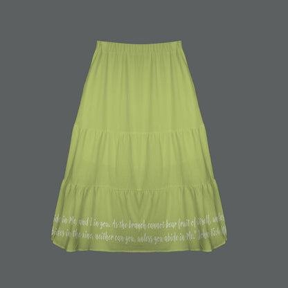 John 15:4 Green Hem Text Elastic Waist Tiered Ruffle Hem Pocket Maxi Skirt