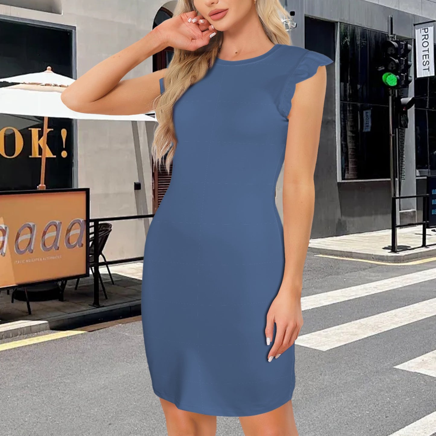 "Faith Ephesians 2:8 Deja Vu Blue Ruffled Bodycon Round Neck Dress