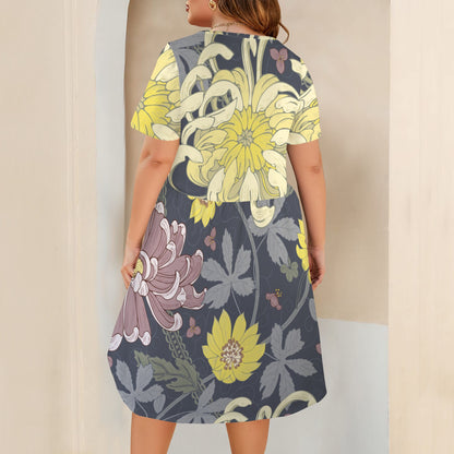 "Faith Ephesians 2:8" Yellow & Black Floral Short Sleeve Pocket Elastic Waist Causal Dress