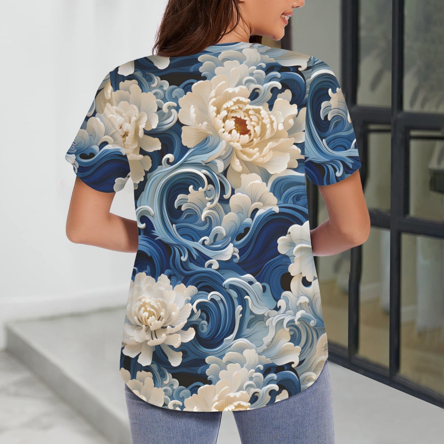 "Repent & Believe" Blue White Floral Women's V-Neck Button Short Sleeve Blouse Top