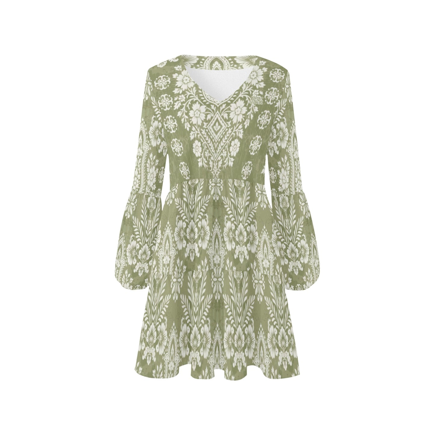 "Repent & Believe" Green Damask Floral Women's V Neck Loose Fit Dress