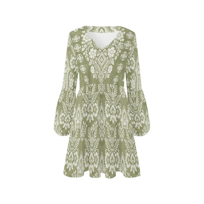 "Repent & Believe" Green Damask Floral Women's V Neck Loose Fit Dress