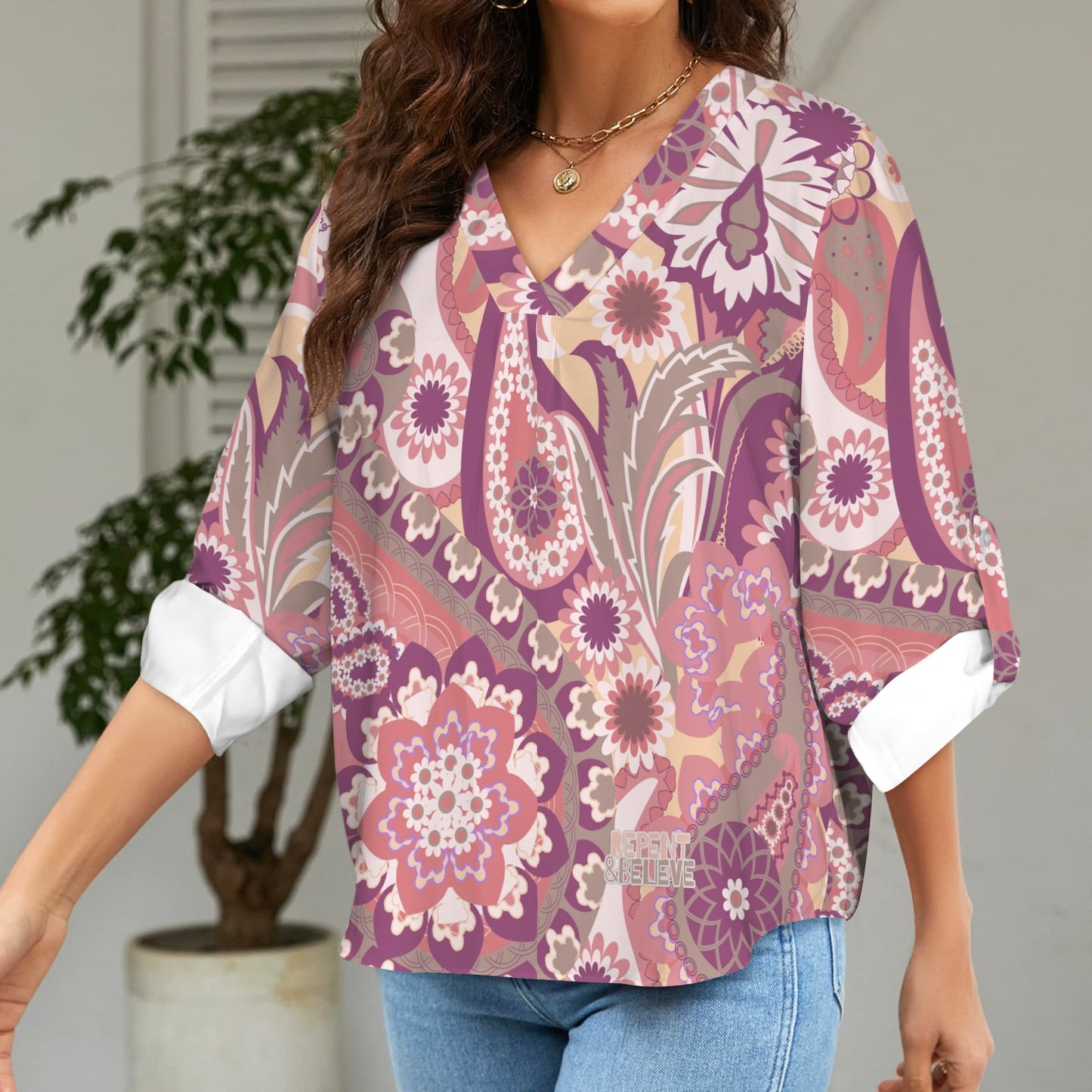 "Repent & Believe" Pink Paisley Women's V-Neck Cuffed Sleeve Blouse Tops