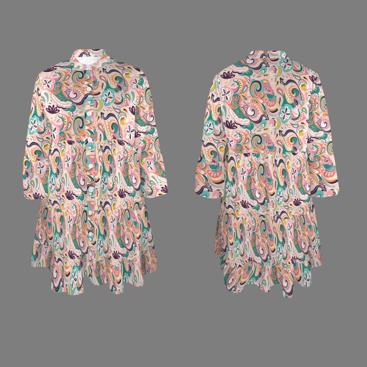 "Repent & believe" Pink Paisley Floral Women's Flared Sleeve Button Tiered Shirt Dress