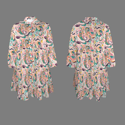 "Repent & believe" Pink Paisley Floral Women's Flared Sleeve Button Tiered Shirt Dress