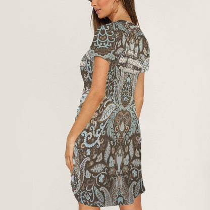 "I am a new creation" Brown Paisley Short Sleeve Wrap Bodycon Ruched Tie Waist Dress